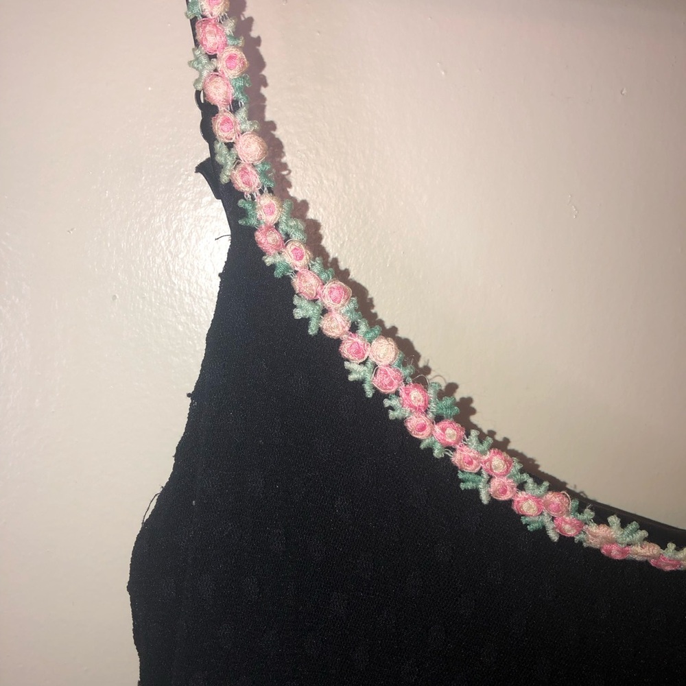 Vintage Betsey Johnson 90’s Swiss Dot Black Dress with Pink Flowers Trim - Picture 7 of 11